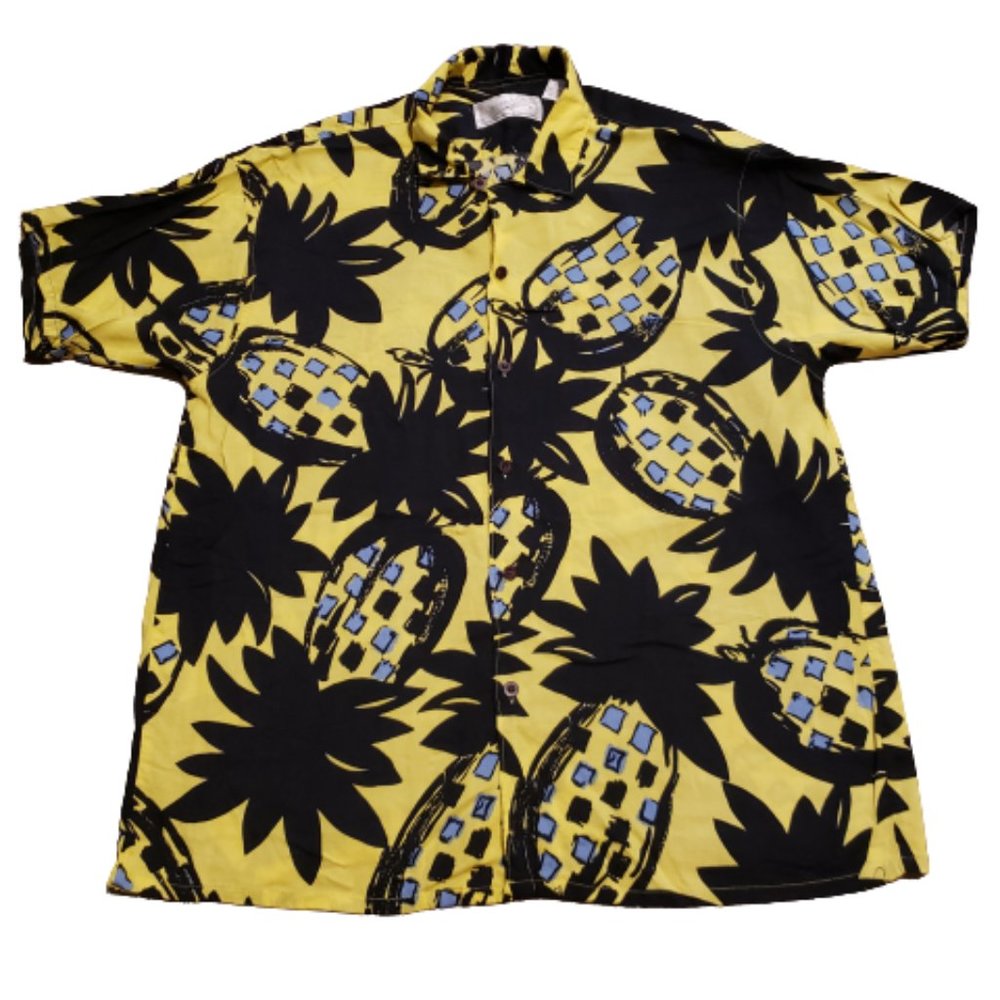 Sahara Club Pineapple Button Up Shirt Yellow Black Men's Medium M Vintage Retro